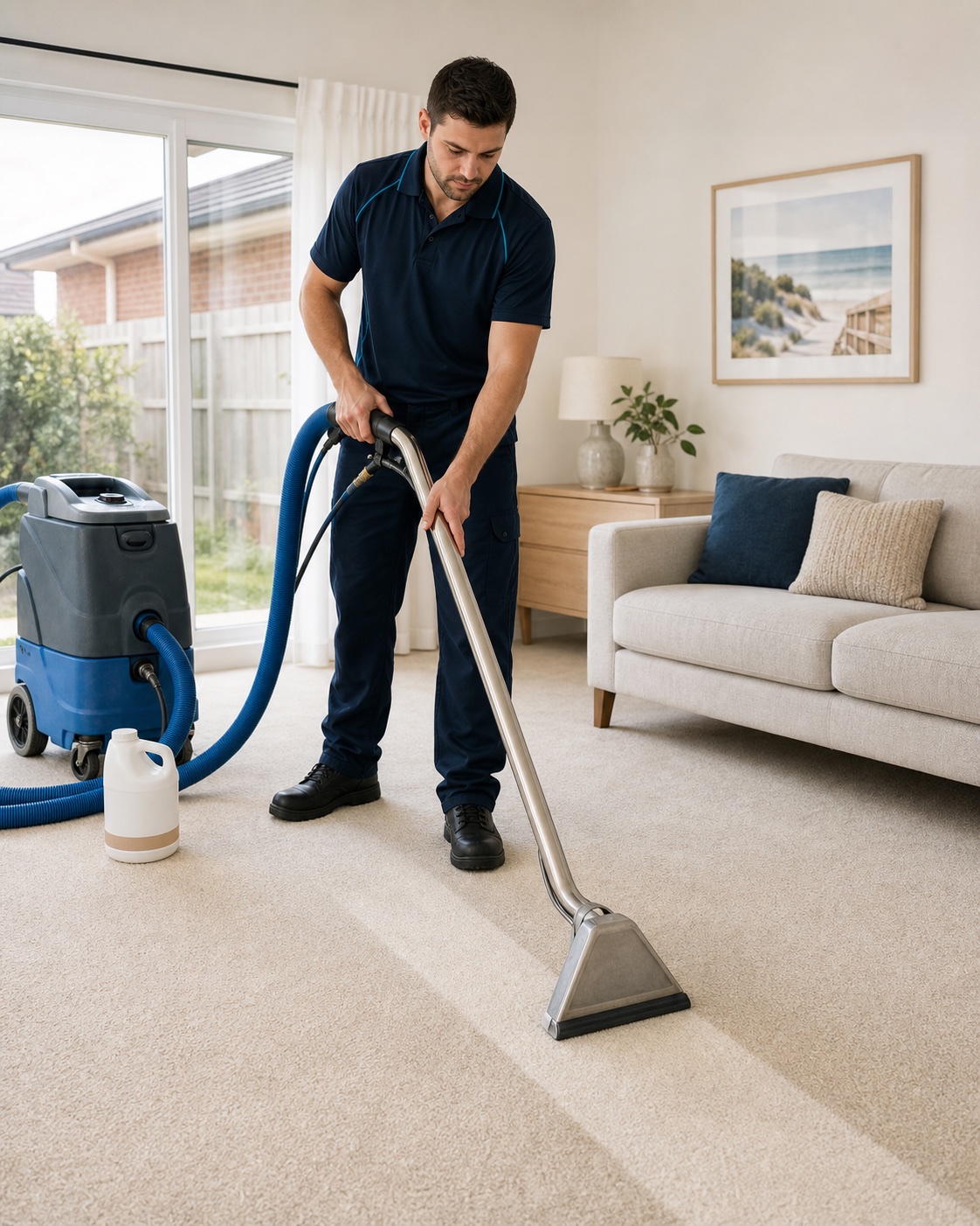 Professional carpet steam cleaner using hot water extraction equipment in a Werribee living room