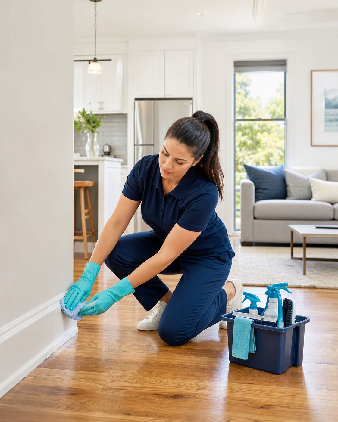 Deep cleaning specialist detailing skirting boards and surfaces in a pre-sale Werribee home