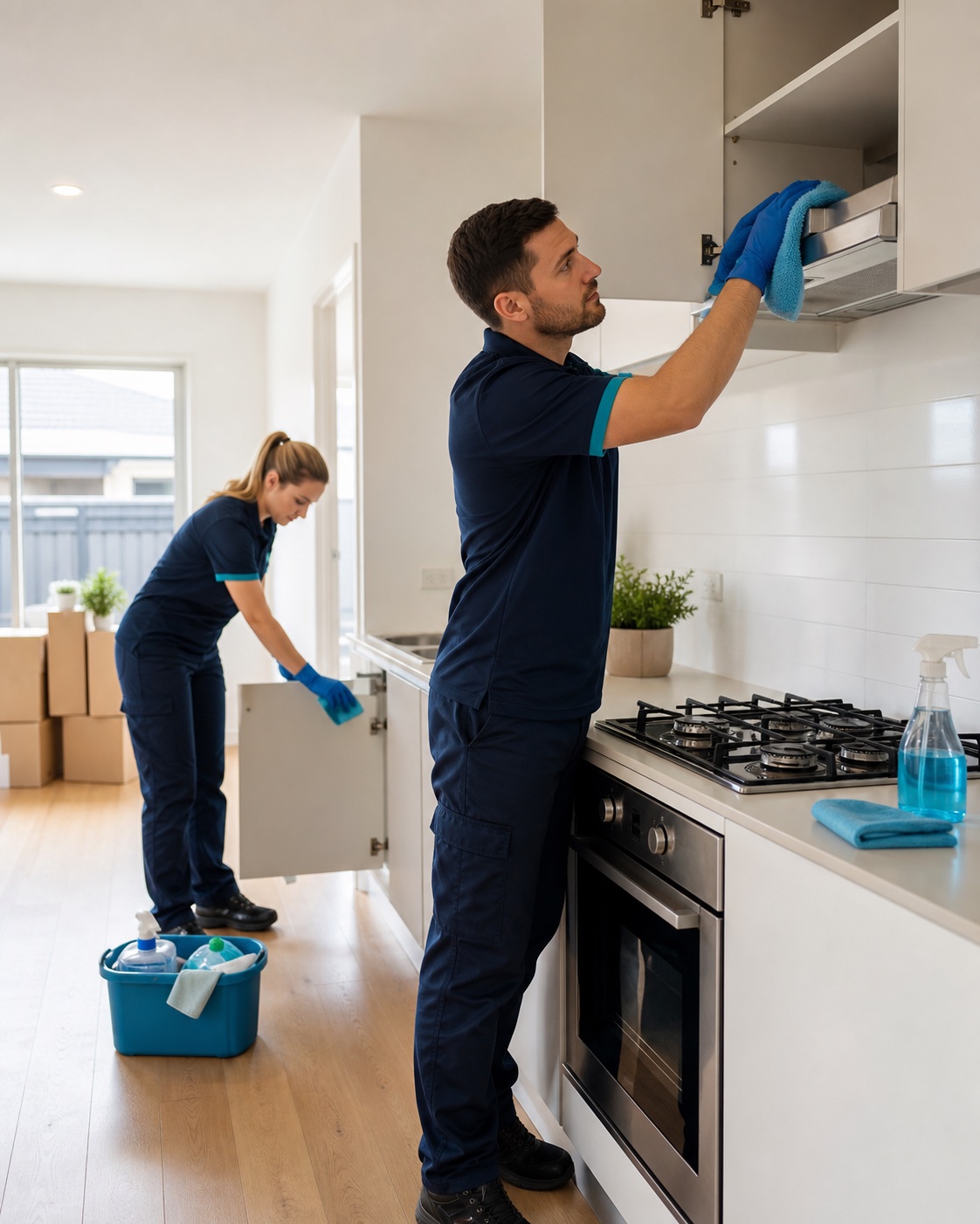 Professional end of lease bond cleaners wiping cupboards and rangehood in a Werribee rental kitchen