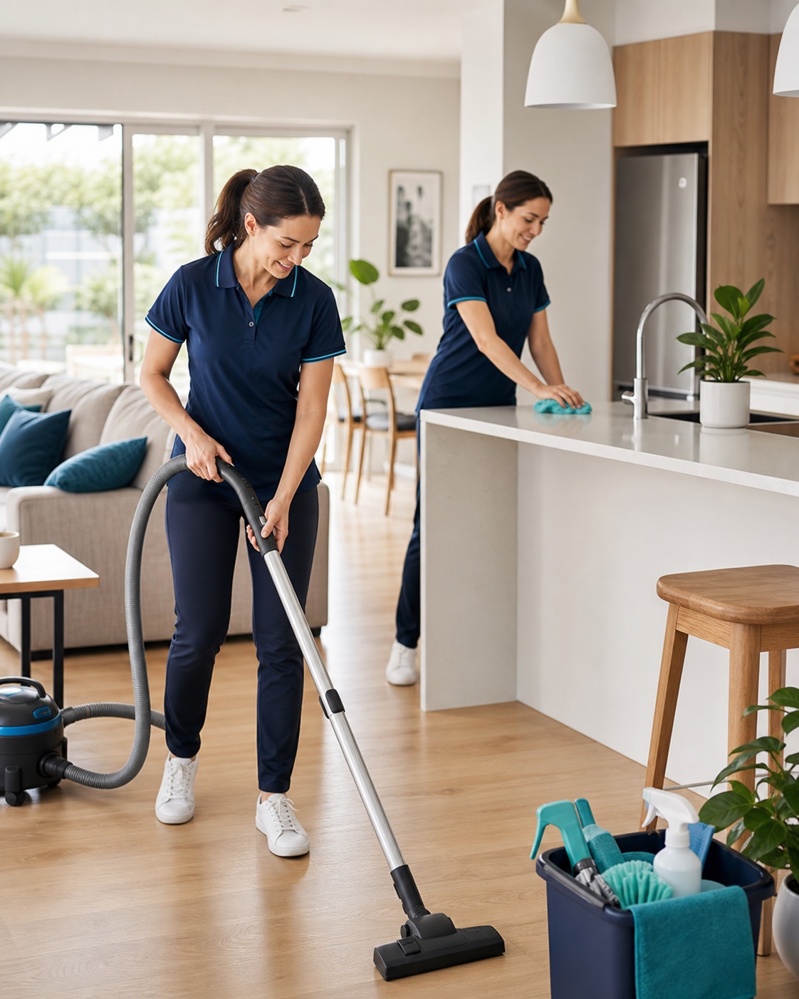 Professional house cleaners vacuuming and wiping kitchen surfaces in a bright Werribee family home