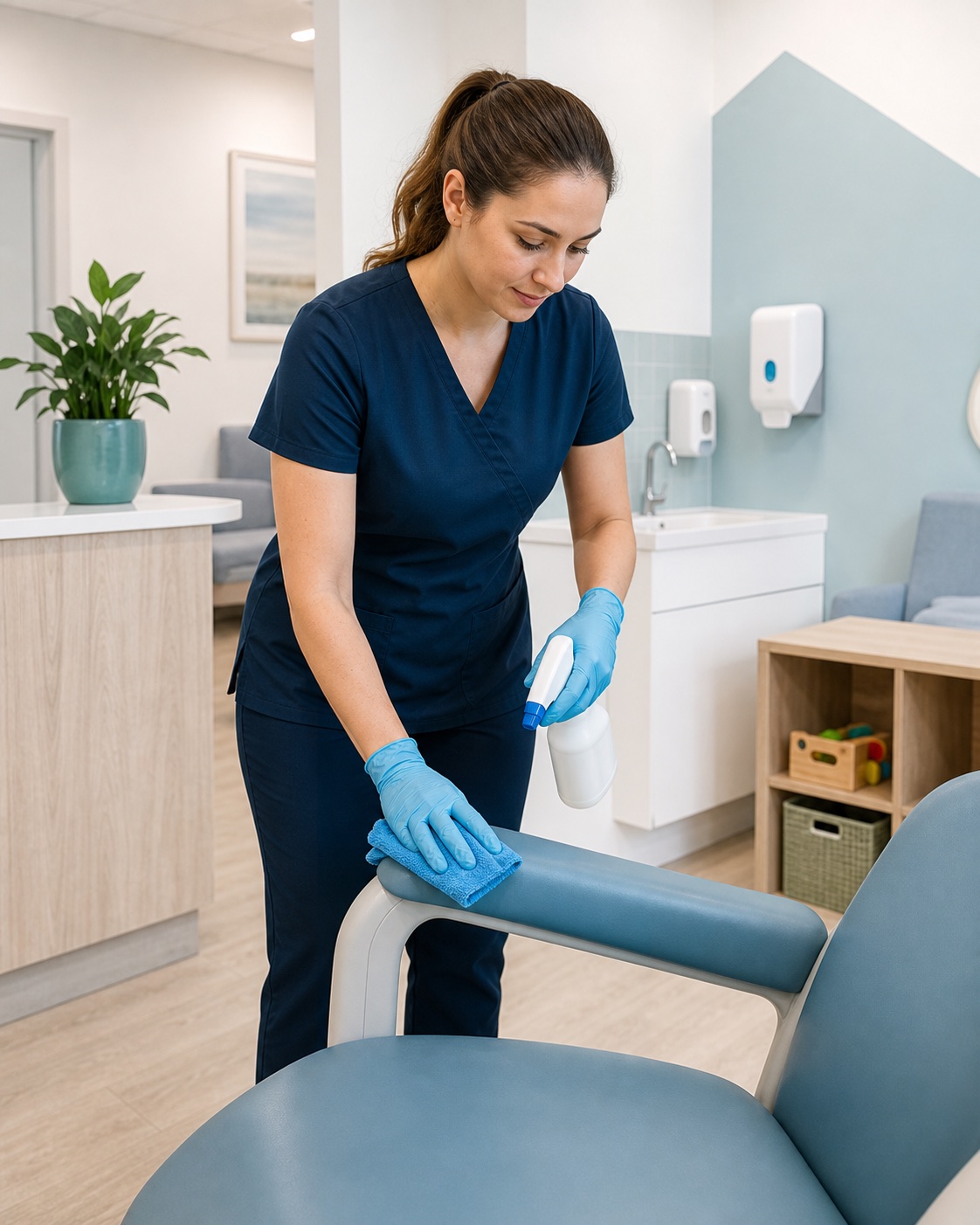 Medical and childcare cleaner disinfecting high-touch seating in a clean Werribee clinic environment