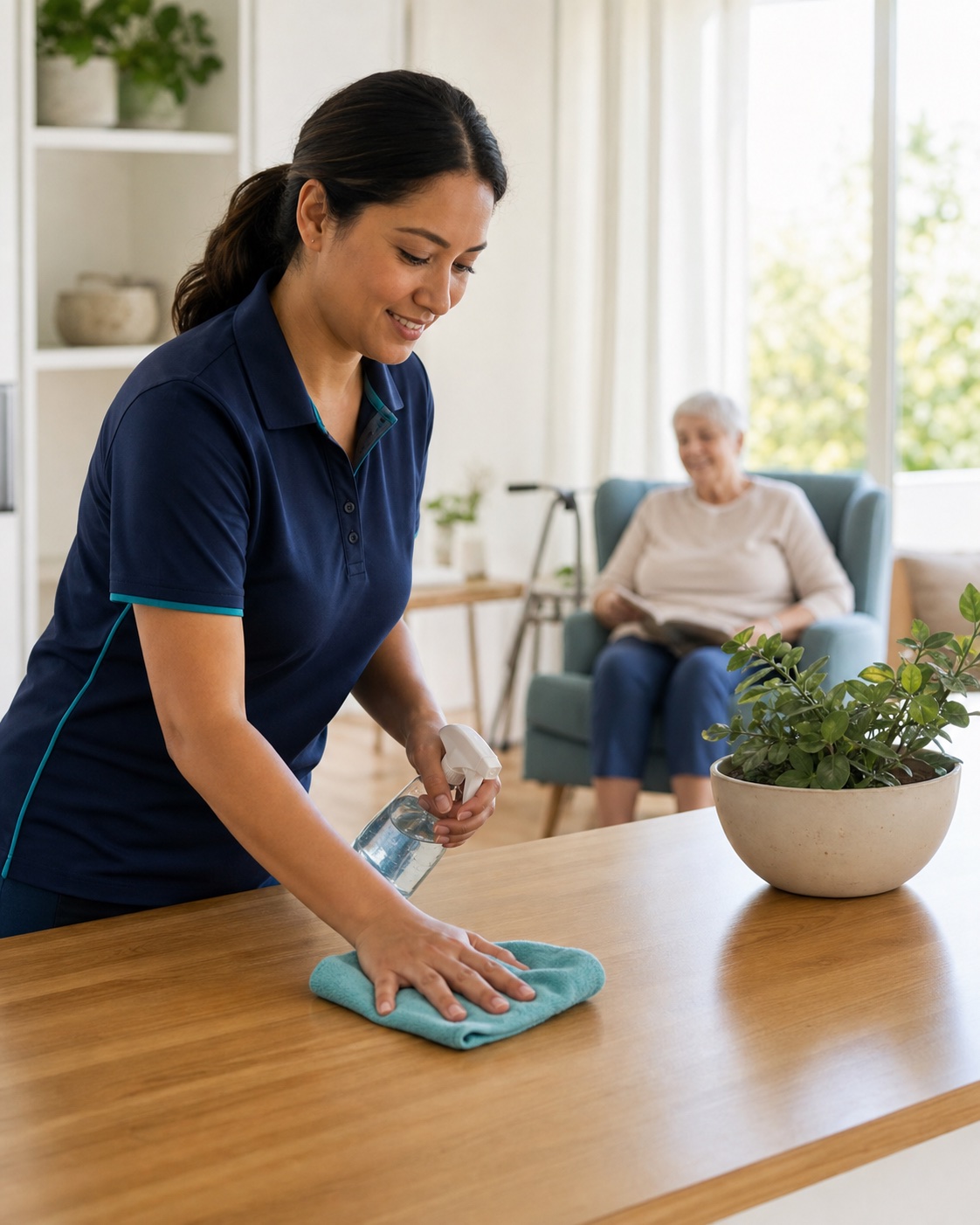 NDIS and aged care cleaner wiping a table in an accessible Werribee home with a client seated nearby