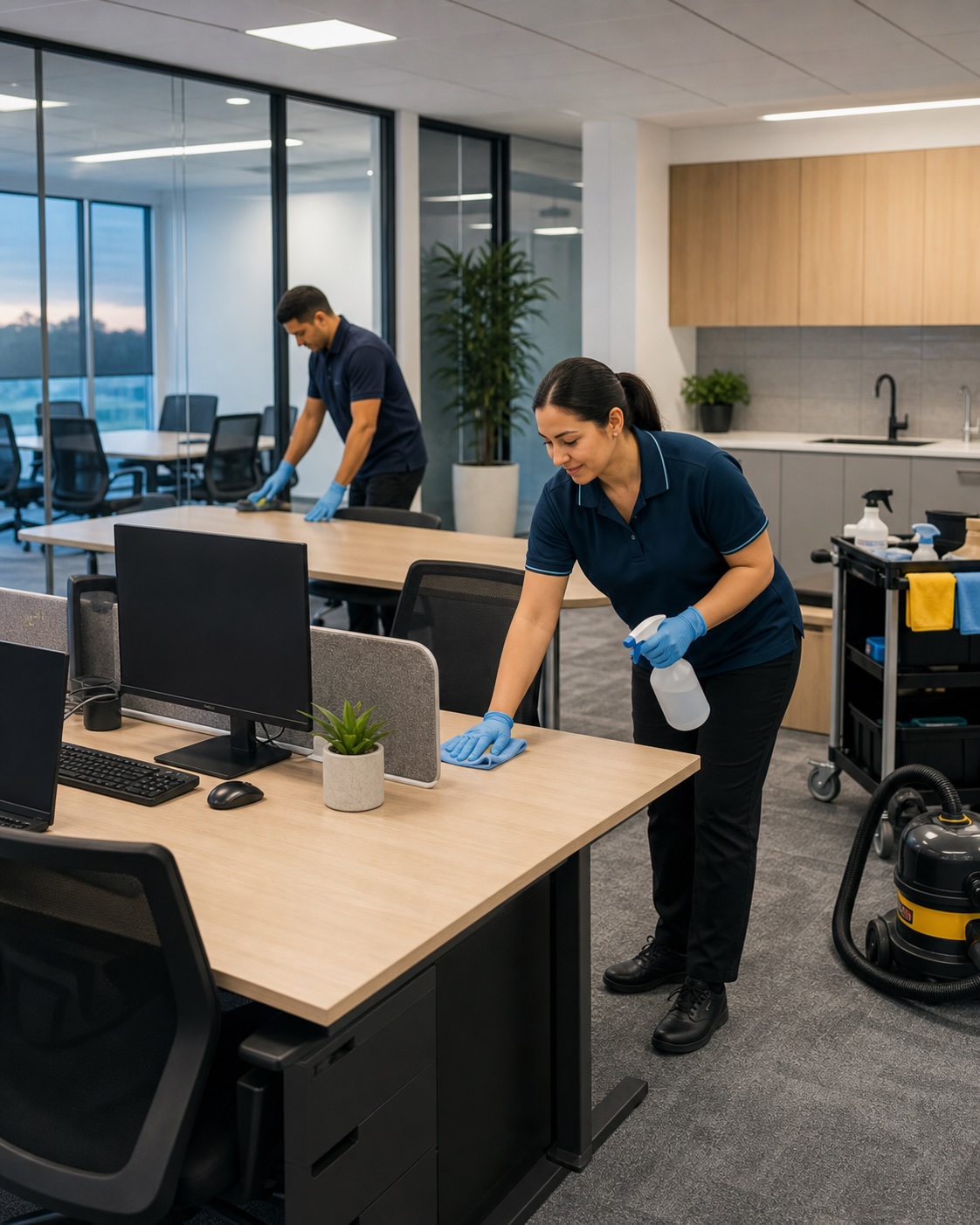 Commercial cleaners sanitising desks and workstations in a modern Werribee office after hours