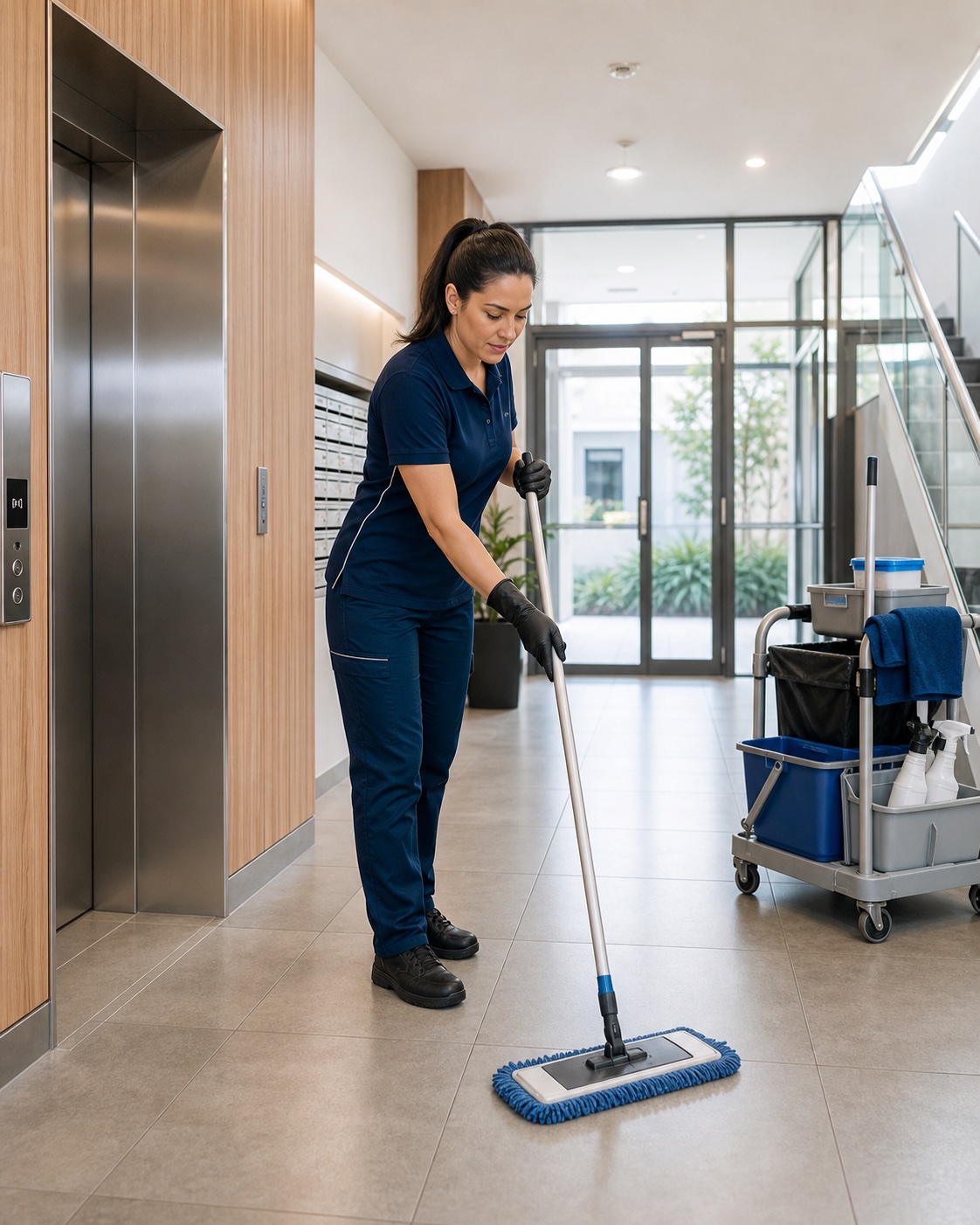 Strata cleaner mopping a modern apartment lobby and lift area in Werribee