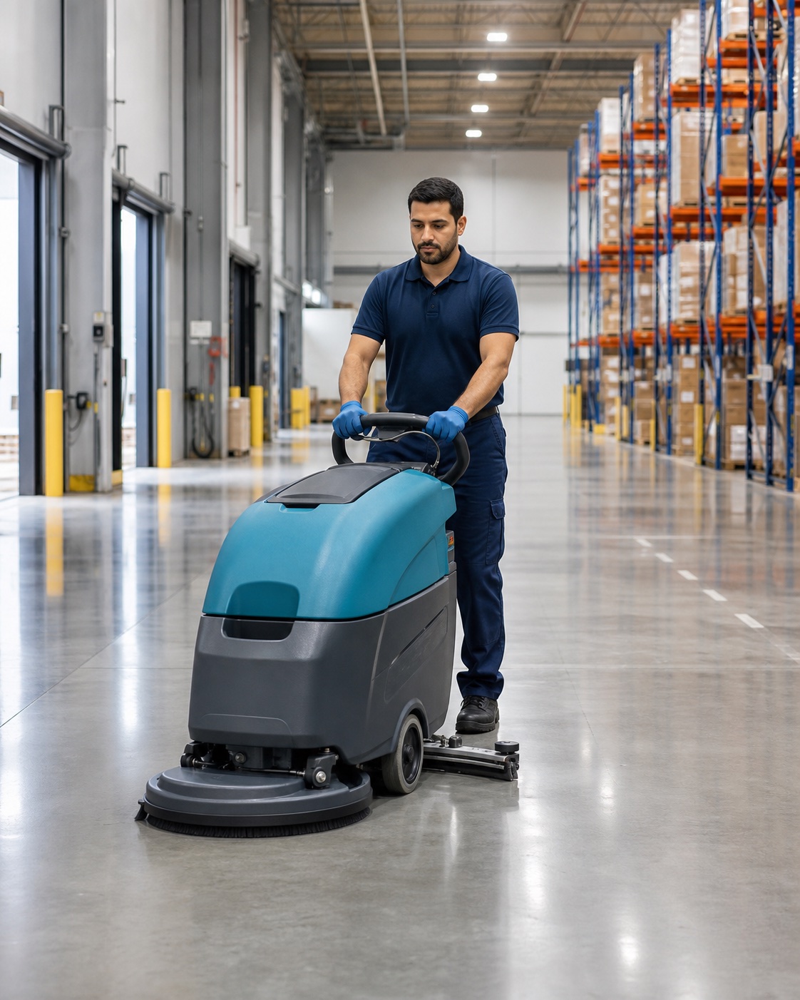 Industrial cleaner operating a floor scrubber in a large Truganina warehouse and logistics facility