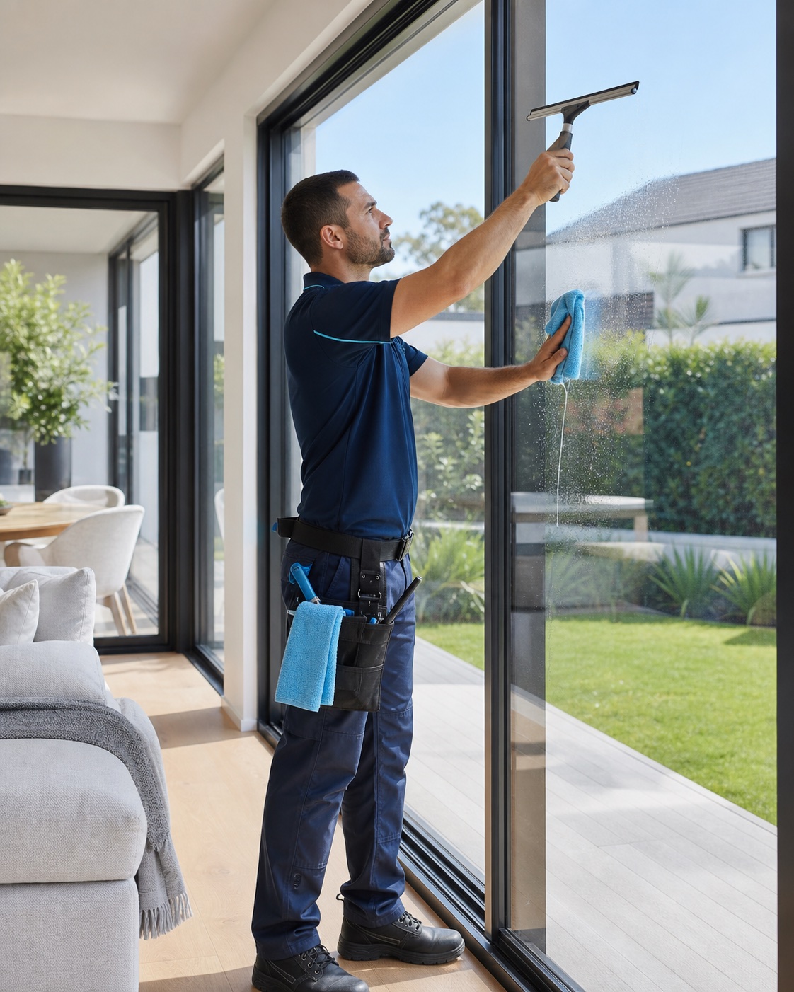 Window cleaner using a squeegee on large glass doors in a modern Werribee home